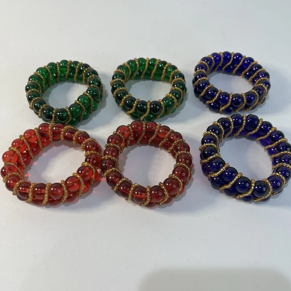 Pier 1 Imports Glass Beaded Napkin Rings Holders 6 Red Blue‎ Green Gold  Decor